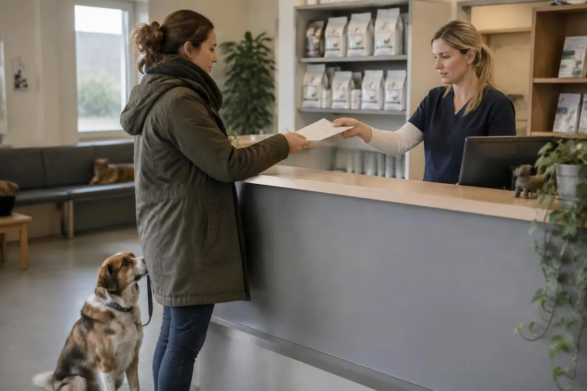 Hundehalterin mit ihrem Hund am Empfang einer Tierarztpraxis