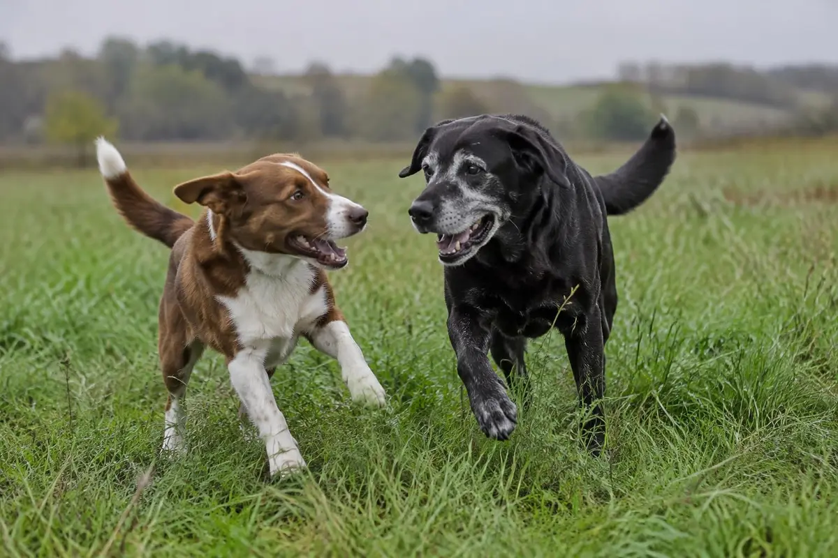 Junger braun-weißer Mischling und älterer schwarzer Labrador mit grauer Schnauze spielen auf einer Wiese